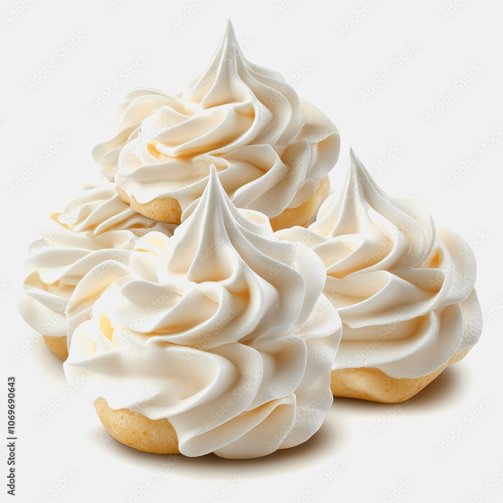A delightful arrangement of fluffy meringue cookies on a clean white background, perfect for showcasing their elegant design and sweet appeal. Ideal for dessert lovers. A delightful arrangement of fluffy meringue cookies on a clean white background, perfect for showcasing their elegant design and sweet appeal. Ideal for dessert lovers.