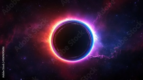 A black hole in deep space, encircled by neon pink, purple, and blue colors, creating a captivating and mysterious cosmic scene.