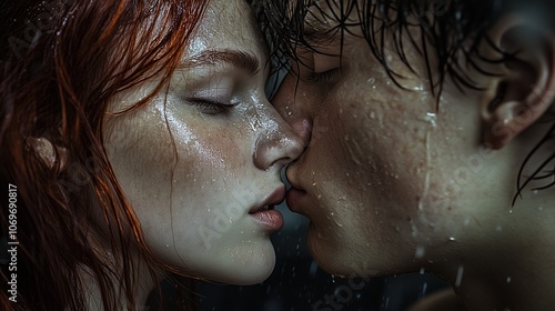 Romantic Moment Captured Between a Couple Sharing a Kiss in the Rain During a Warm Summer Night, Creating an Intimate and Passionate Atmosphere