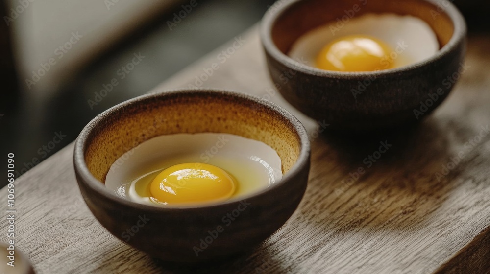 Freshly cracked eggs in rustic bowls on wooden surface Freshly cracked eggs in rustic bowls on wooden surface