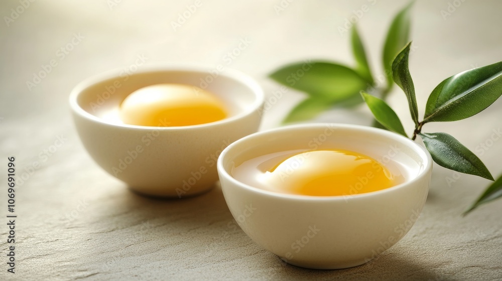 Elegant bowls of golden egg yolks with green leaves Elegant bowls of golden egg yolks with green leaves