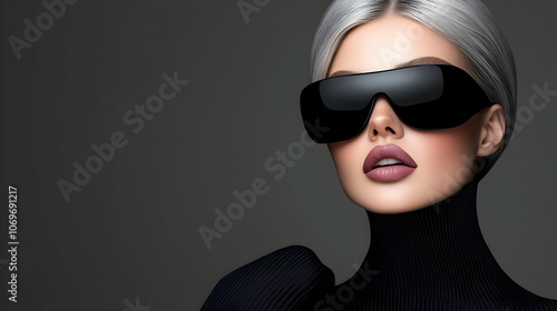 fashion slender model, wearing futuristic sunglasses, black and white photo, modern, luxury. Design, minimalism, night-quality cyberpunk style