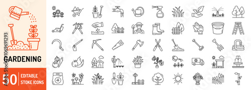 Gardening collections editable stroke outline web icons set. Gardening, flower, pruning, tree, plant, floral, flower, fruit, vegetables, scissor, wheelbarrow, shovel and more... Vector illustration