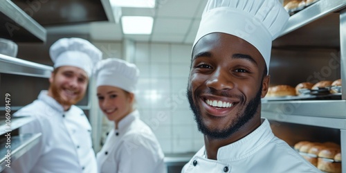 Three Chefs Smiling in a Commercial Kitchen, Showcasing Camaraderie and Teamwork During Their Culinary Shift in a Bustling Restaurant