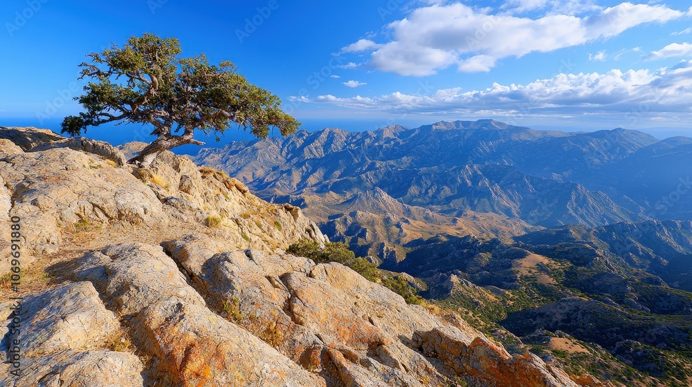 Mountaintop Tree with Panoramic Valley View Rocky Landscape Blue Sky Clouds Nature Pho Mountaintop Tree with Panoramic Valley View Rocky Landscape Blue Sky Clouds Nature Pho