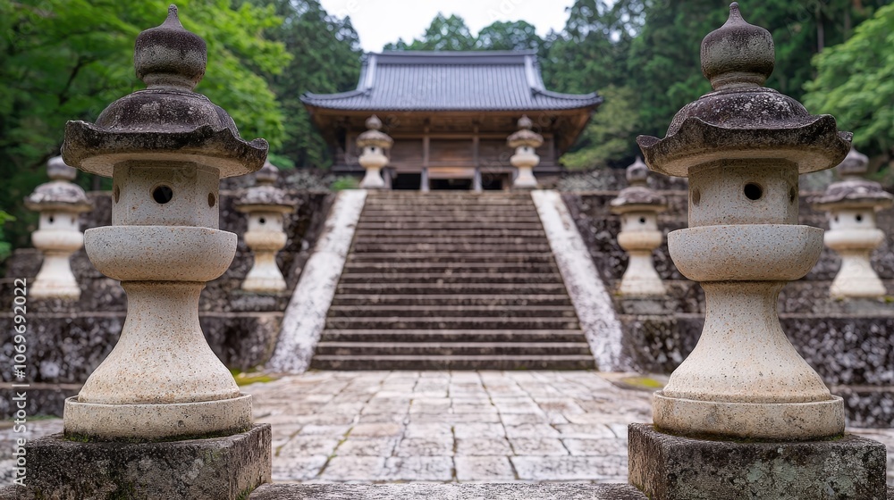 Stone Lanterns Leading to Japanese Temple with Steps and Greenery Stone Lanterns Leading to Japanese Temple with Steps and Greenery