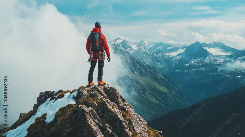 A lone hiker stands on a mountain peak. This image can be used to represent achievement, success, and reaching the top. A lone hiker stands on a mountain peak. This image can be used to represent achievement, success, and reaching the top.