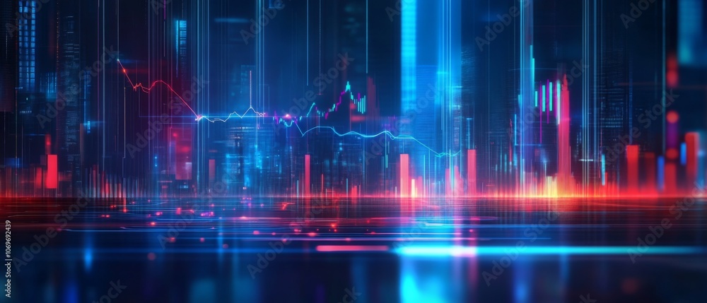 Naklejka premium Digital illustration futuristic cityscape night background dark blue Economic growth concept is