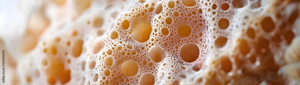 Close-up of White Foam with Round Holes Revealing a Golden Brown Liquid Below Close-up of White Foam with Round Holes Revealing a Golden Brown Liquid Below