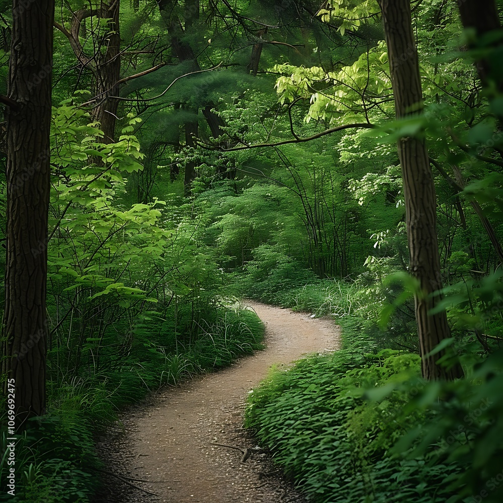 Obraz premium Walkway in the park with green trees and bushes. Nature background.