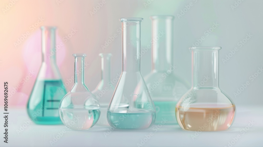 Various glass laboratory equipment containing liquids in vibrant colors is neatly displayed on a white surface, ready for use in experiments Various glass laboratory equipment containing liquids in vibrant colors is neatly displayed on a white surface, ready for use in experiments