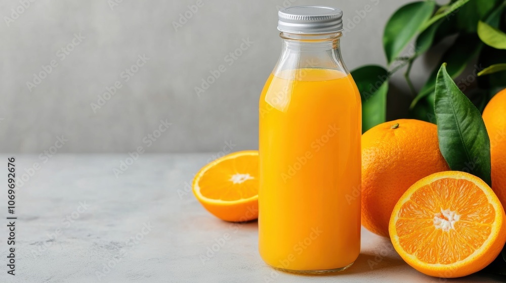 A glass bottle filled with vibrant orange juice is placed next to whole and cut oranges on a light surface, showcasing freshness and quality A glass bottle filled with vibrant orange juice is placed next to whole and cut oranges on a light surface, showcasing freshness and quality