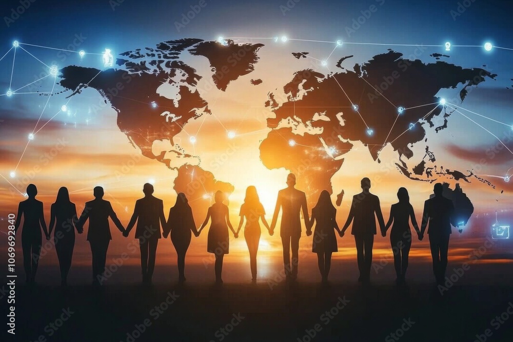 Fototapeta premium Group people holding hands walking towards world map Crossborder HR recruitment