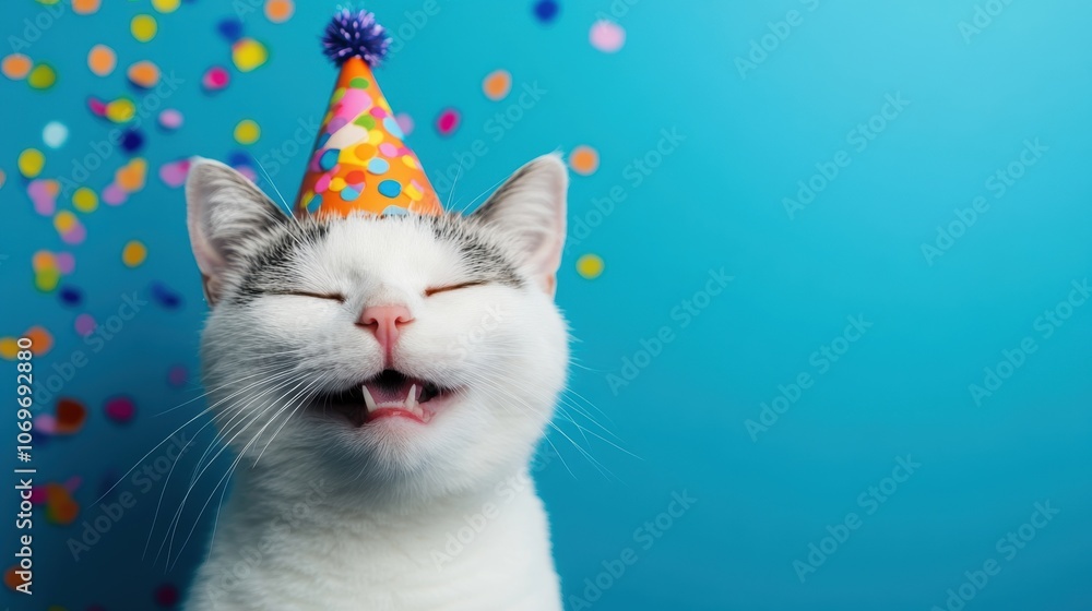 A cheerful cat sporting a party hat grins widely as colorful confetti surrounds it, creating a playful and festive atmosphere A cheerful cat sporting a party hat grins widely as colorful confetti surrounds it, creating a playful and festive atmosphere