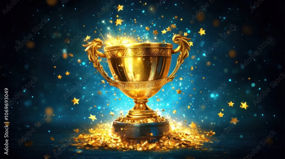 Golden trophy on blue background. Perfect for celebrating success and achievements, awards ceremonies, or victory celebrations. Golden trophy on blue background. Perfect for celebrating success and achievements, awards ceremonies, or victory celebrations.