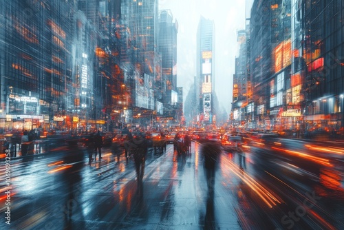 City street with blurred motion. This photo captures the energy of the city, with motion blur showing the movement of people and cars.