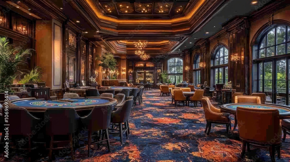 A casino with a lot of tables and chairs. Generative AI A casino with a lot of tables and chairs. Generative AI