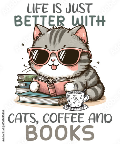 For your T-shirt design featuring the cute cat with sunglasses and the phrase "Life is just better with cats, coffee, and books," here are some suggestions
Cute cat T-shirt,
Coffee and books graphic t