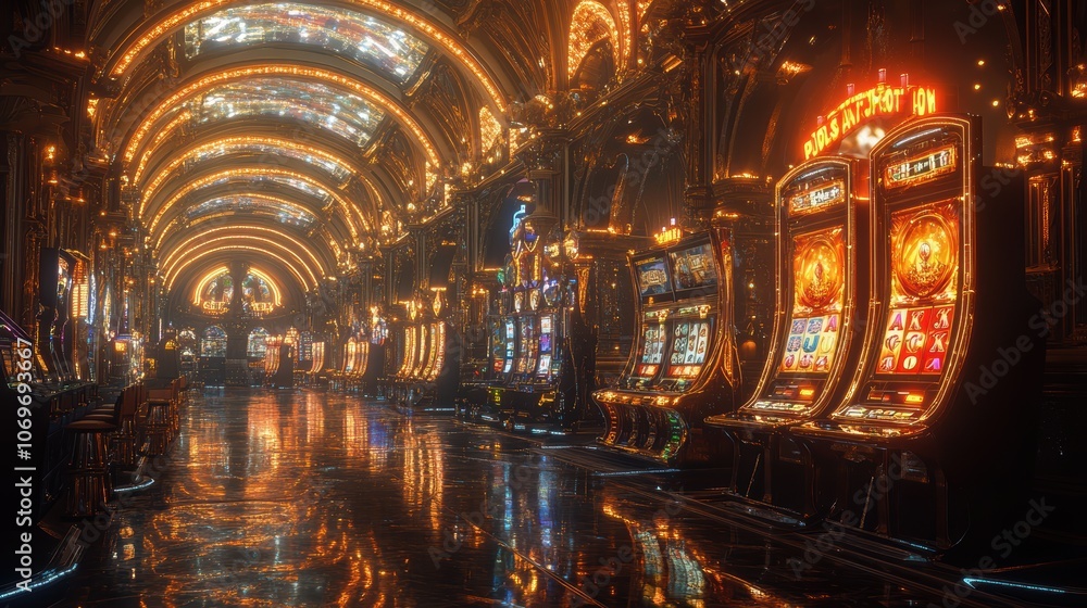 Obraz premium Step into a futuristic gambling metropolis where towering slot machines pulsate with golden neon lights, casting a warm and opulent ambiance. The hyper gaming slots come alive with dynamic symbols,