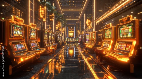 Step into a futuristic gambling metropolis where towering slot machines pulsate with golden neon lights, casting a warm and opulent ambiance. The hyper gaming slots come alive with dynamic symbols,