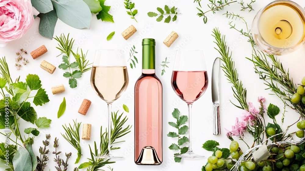 Wine Tasting Setup with Glasses and Corks on White Background Wine Tasting Setup with Glasses and Corks on White Background