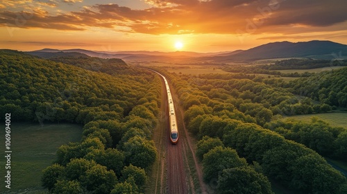High-Speed Train Racing Along Scenic Railway at Sunset with Lush Green Forest and Mountainous Landscape, Hyper-Realistic Depiction of Modern Transportation in Beautiful Natural Setting
