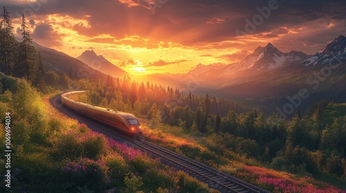 High-Speed Train Racing Along Scenic Railway at Sunset with Lush Green Forest and Mountainous Landscape, Hyper-Realistic Depiction of Modern Transportation in Beautiful Natural Setting