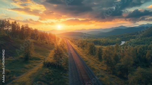 High-Speed Train Racing Along Scenic Railway at Sunset with Lush Green Forest and Mountainous Landscape, Hyper-Realistic Depiction of Modern Transportation in Beautiful Natural Setting