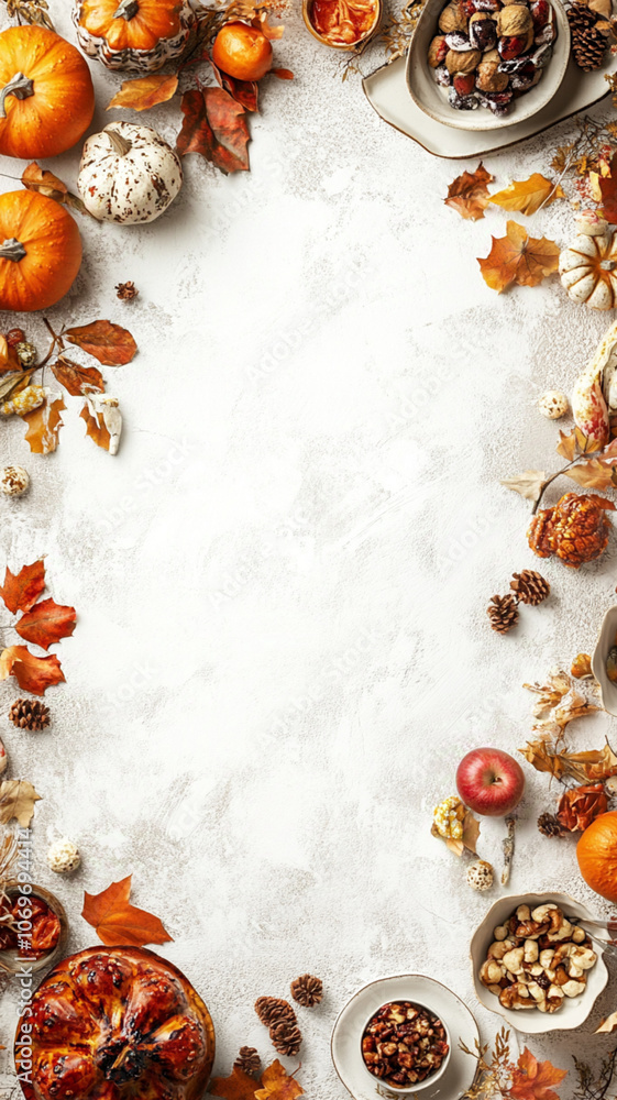 an overhead photo of a white table top with thanksgiving decor surrounding the border of the image with space in the middle for copy points an overhead photo of a white table top with thanksgiving decor surrounding the border of the image with space in the middle for copy points