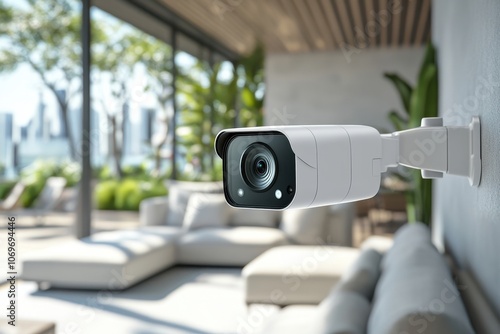 Security camera mounted on wall. The image features a security camera mounted on a wall, capturing a view of a modern living room.