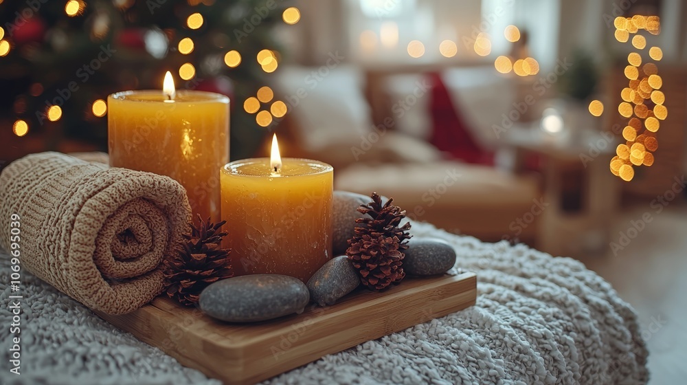 Relaxing Spa Setting with Candles and Natural Elements Relaxing Spa Setting with Candles and Natural Elements