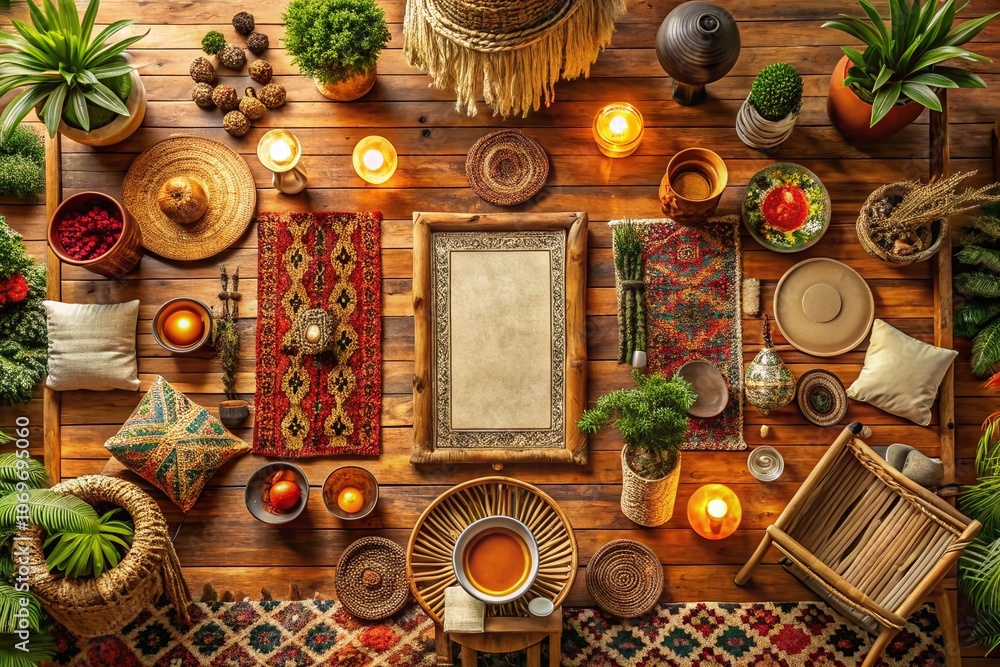 Aerial View of a Mockup Frame Set in a Cozy Nomadic Boho Interior, Featuring Rustic Decor Elements and Earthy Textures, Ideal for Home Decor Inspiration and Design Concepts Aerial View of a Mockup Frame Set in a Cozy Nomadic Boho Interior, Featuring Rustic Decor Elements and Earthy Textures, Ideal for Home Decor Inspiration and Design Concepts