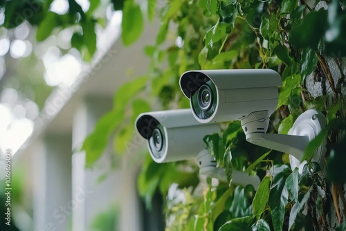 Two security cameras mounted on a wall. This photo can be used for articles about home security. photo