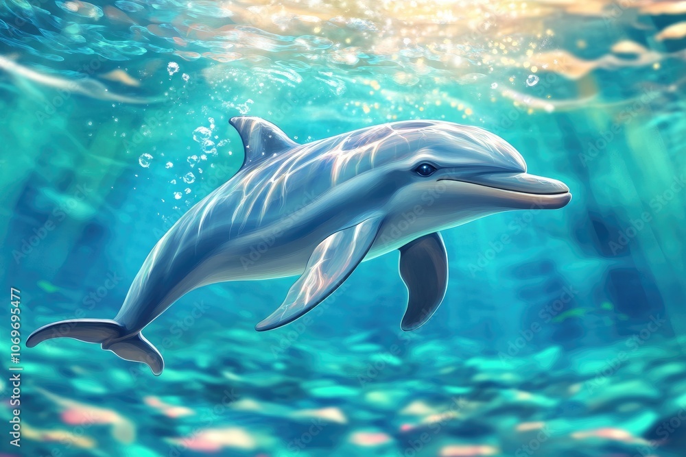 Obraz premium A Dolphin Swimming in the Turquoise Ocean with Sunlight Filtering Through the Water