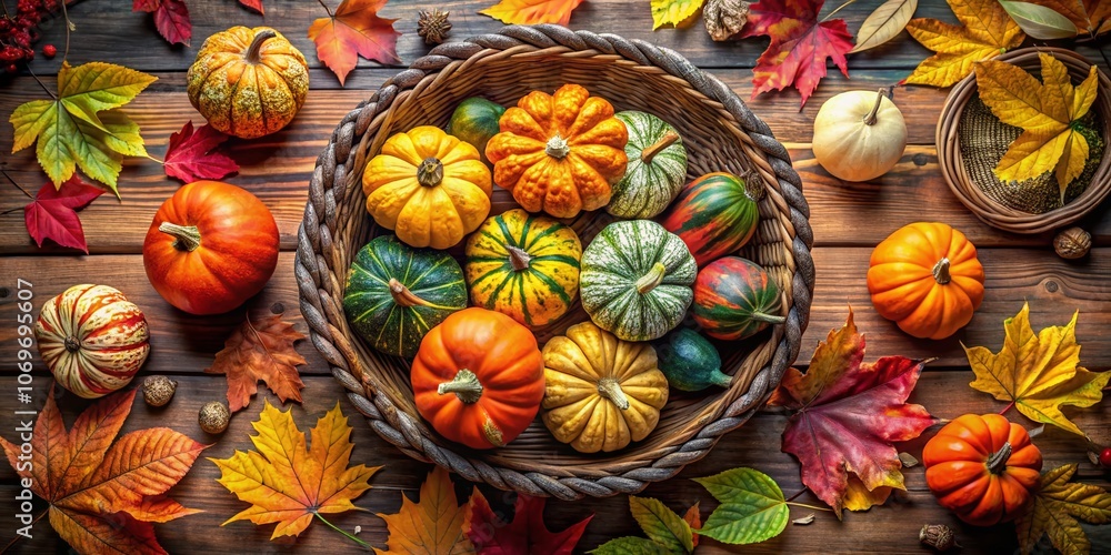 Aerial View of a Rustic Basket Overflowing with Vibrant Pumpkins Surrounded by Autumn Leaves, Perfect for Fall Decor and Harvest Season Inspiration Aerial View of a Rustic Basket Overflowing with Vibrant Pumpkins Surrounded by Autumn Leaves, Perfect for Fall Decor and Harvest Season Inspiration