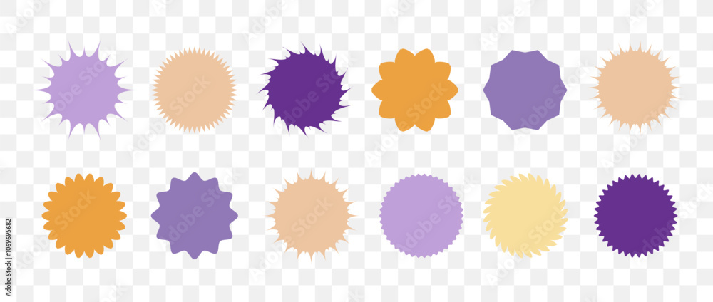 Starburst price. Set of Discount icons. Retro Promotion tags collection. Colored Vector illustration on transparent background. Starburst price. Set of Discount icons. Retro Promotion tags collection. Colored Vector illustration on transparent background.