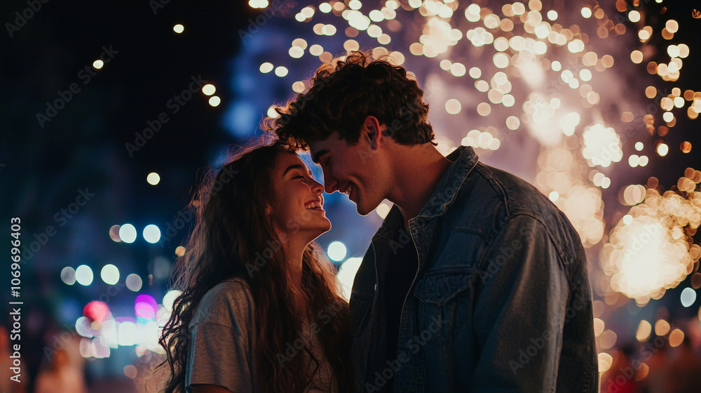 couple sharing joyful moment under fireworks, smiling at each other. vibrant lights create romantic atmosphere, enhancing their connection and happiness couple sharing joyful moment under fireworks, smiling at each other. vibrant lights create romantic atmosphere, enhancing their connection and happiness