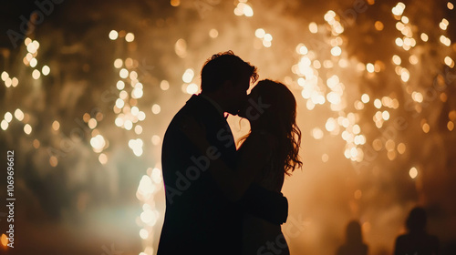 couple kissing under beautiful fireworks display, lost in their own world, surrounded by sparkling lights and romantic atmosphere