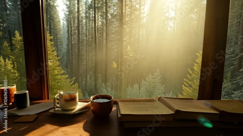 Sunlight streaming through tall pine trees in a serene forest, casting warm beams onto a cozy setup with a cup of coffee and an open book, perfect for a peaceful morning scene.
