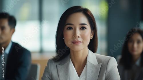 A woman in a business suit is sitting in a room with other people. Generative AI