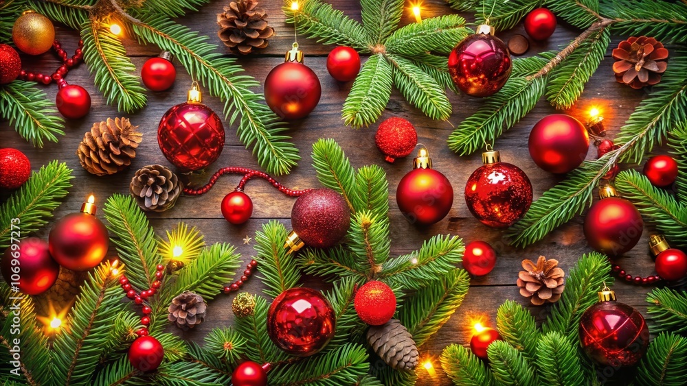 Aerial View of Festive Christmas Decorations with Fir Branches and Red Baubles Perfect for Seasonal Design Inspiration and Holiday Celebrations Aerial View of Festive Christmas Decorations with Fir Branches and Red Baubles Perfect for Seasonal Design Inspiration and Holiday Celebrations