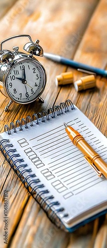 Alarm Clock, Notebook and Pen on Wooden Table.