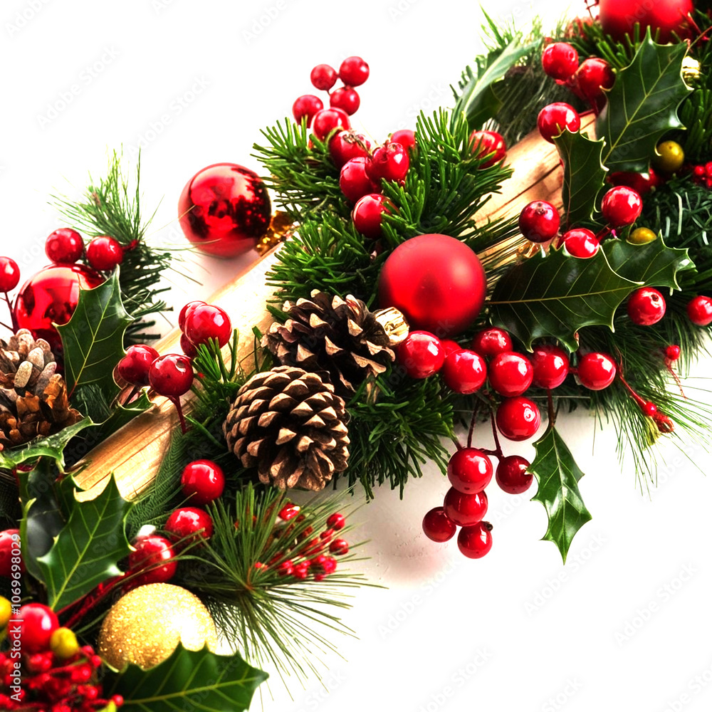 Christmas garland with red and gold baubles, berries, and pinecones on a white background. Christmas garland with red and gold baubles, berries, and pinecones on a white background.