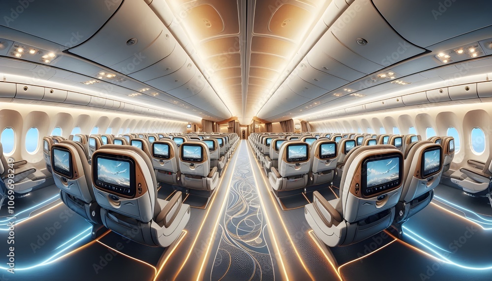 Fototapeta premium Interior of a modern passenger plane aircraft airplane interior.