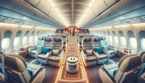 Interior of a modern passenger plane aircraft airplane interior.