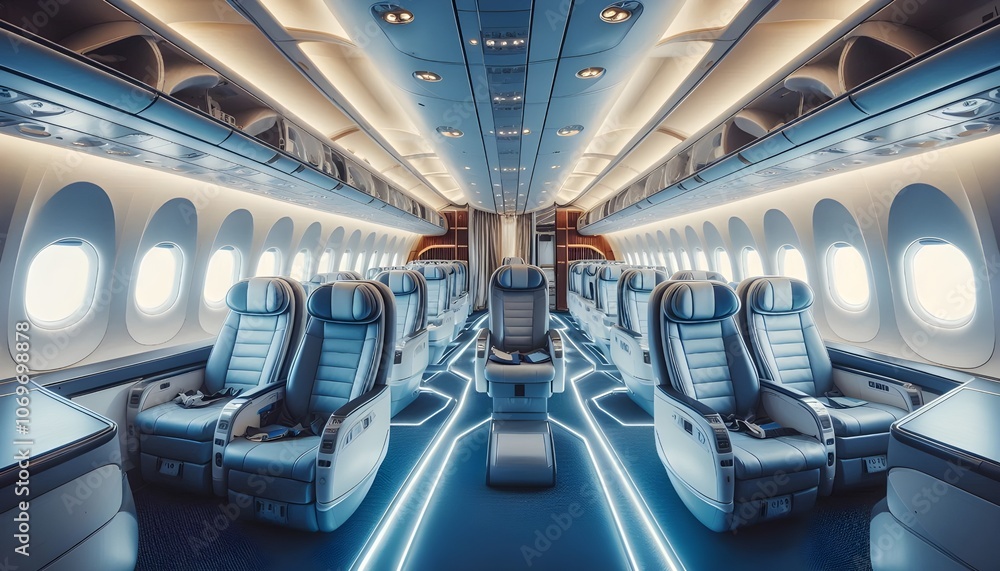 Fototapeta premium Interior of a modern passenger plane aircraft airplane interior.