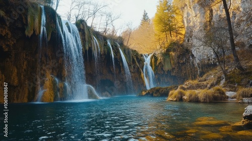 A serene waterfall cascading into a tranquil blue pool surrounded by autumn foliage.