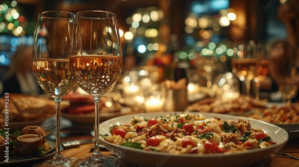A table with a variety of food and drinks, including wine glasses. Generative AI A table with a variety of food and drinks, including wine glasses. Generative AI