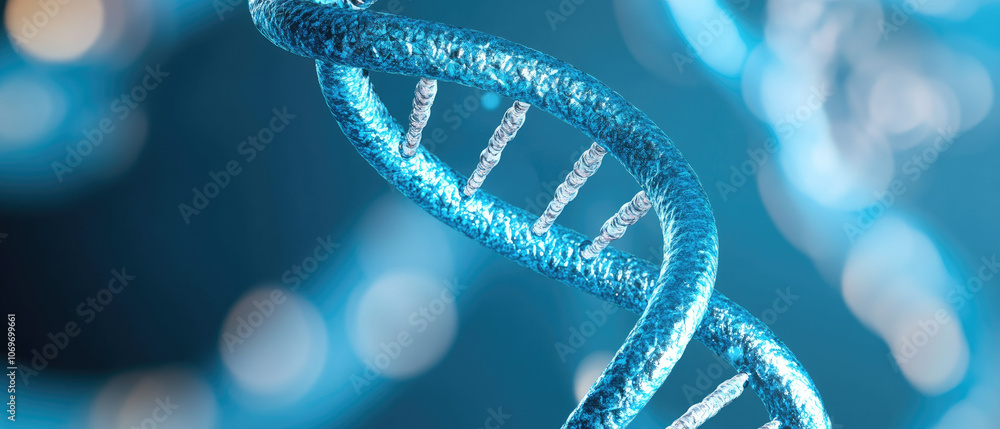 Blue DNA helix magnified, showcasing intricate chromosome structure, highlighting genetics and molecular biology research concepts. Blue DNA helix magnified, showcasing intricate chromosome structure, highlighting genetics and molecular biology research concepts.