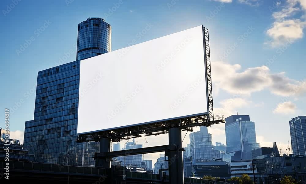 Cityscape Featuring Blank Billboard with Urban Buildings Under a Clear Blue Sky at Daytime Cityscape Featuring Blank Billboard with Urban Buildings Under a Clear Blue Sky at Daytime